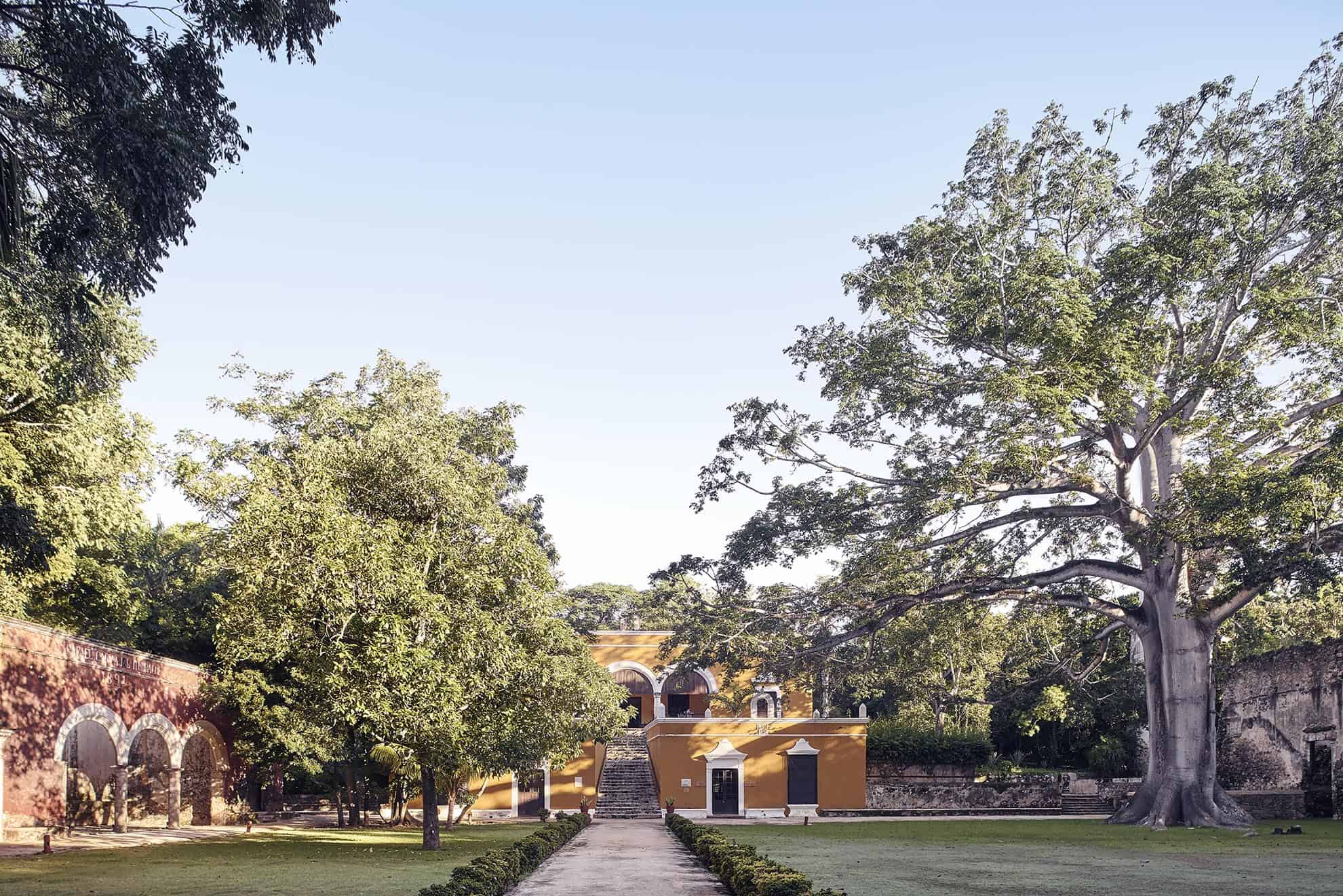 Landscaped courtyard & walkway to steps leading to 2nd story entrance to bright colored building