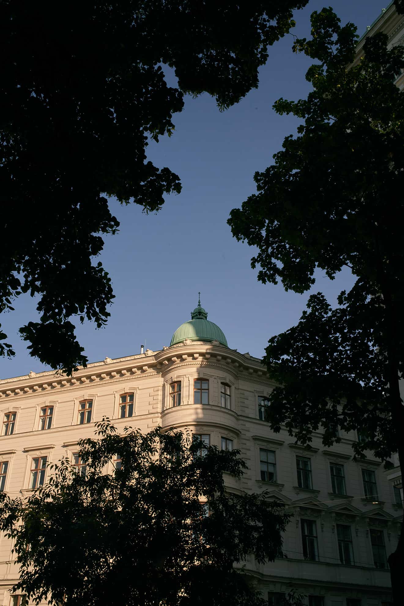 Corner, upward view through trees of a large, tan building with mint green dome