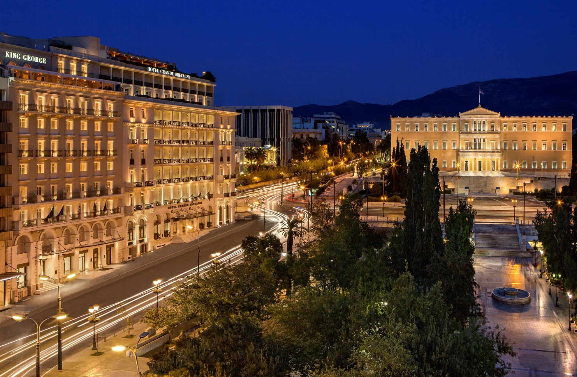 Exterior nighttime view of King George Hotel