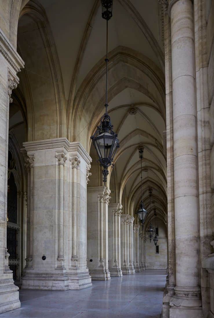 Hall with high arched ceiling and stone pillars