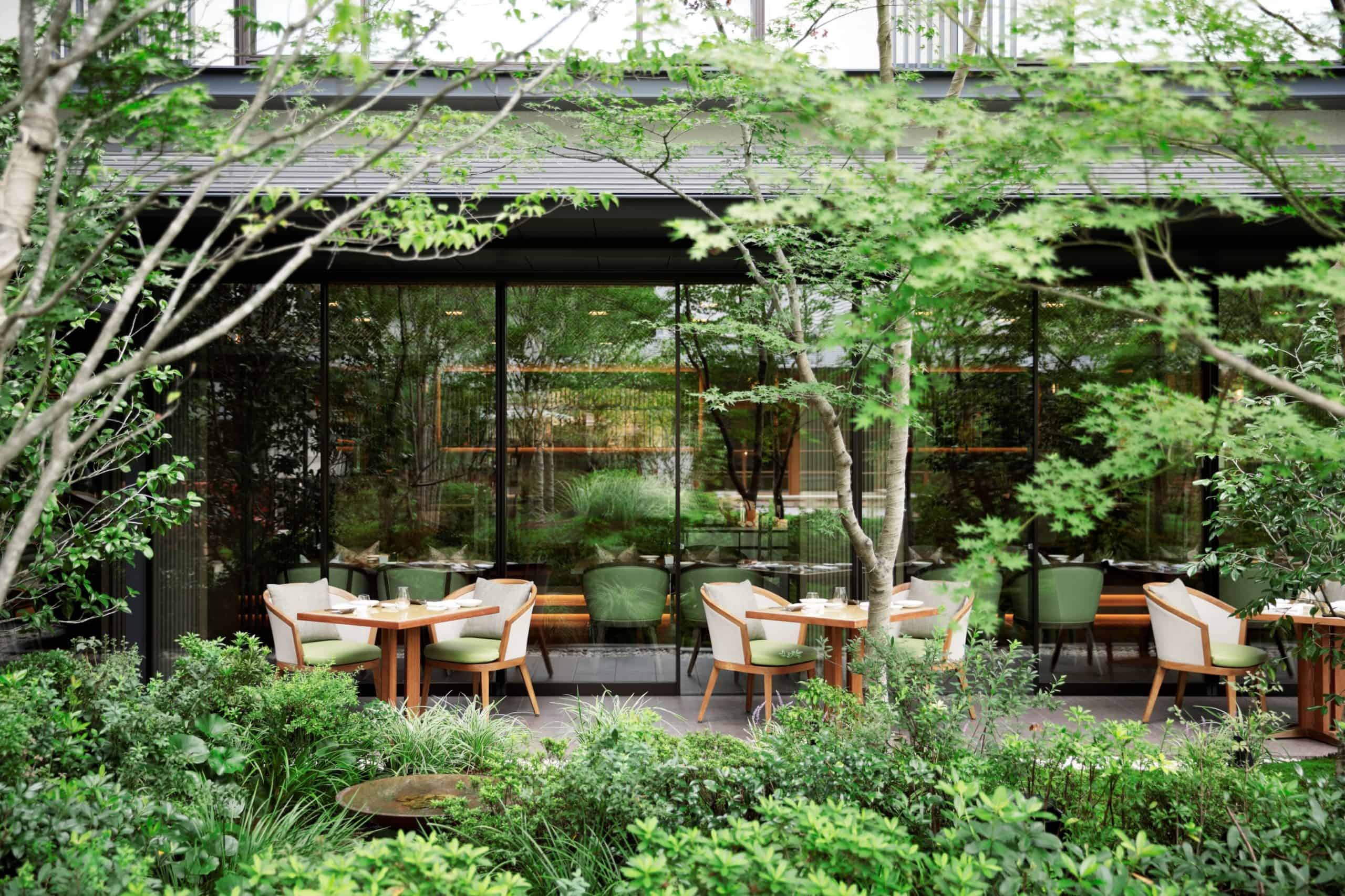outdoor dining area surrounded by lush foliage