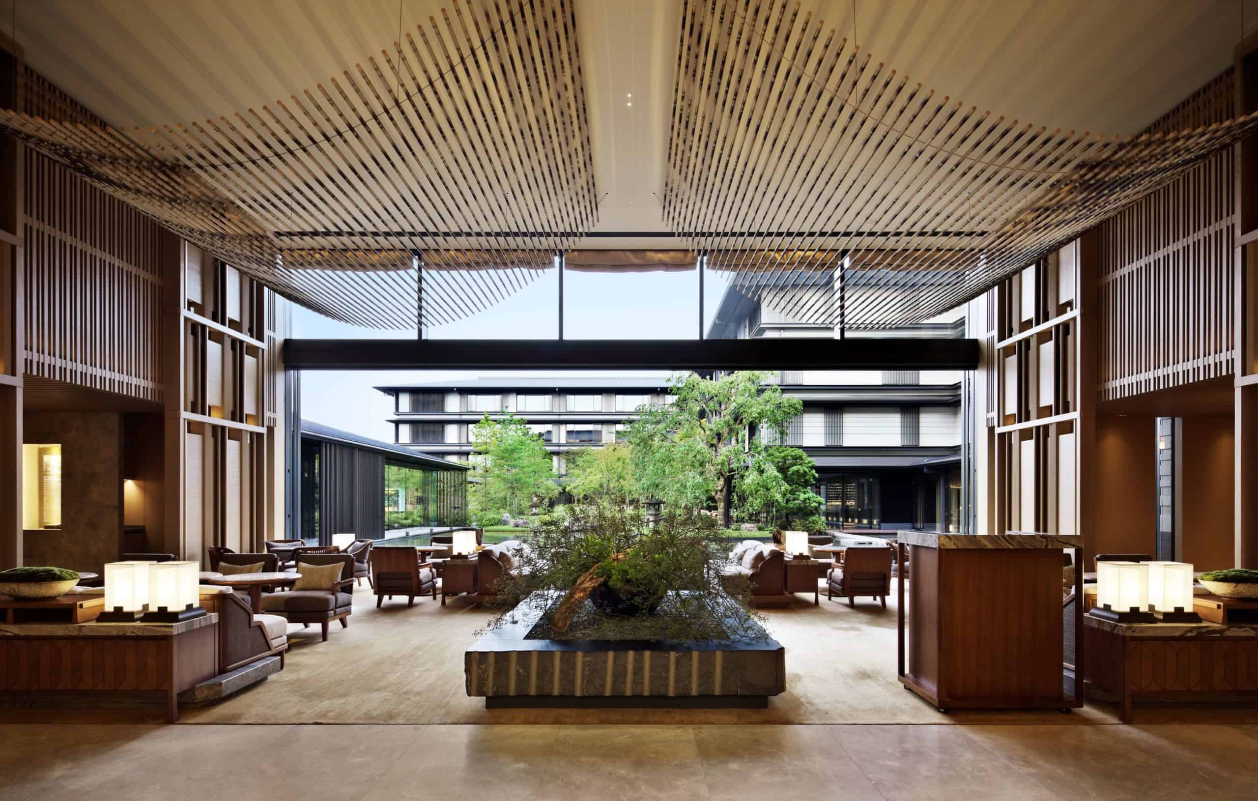 Lobby lounge with ample seating and soaring windows
