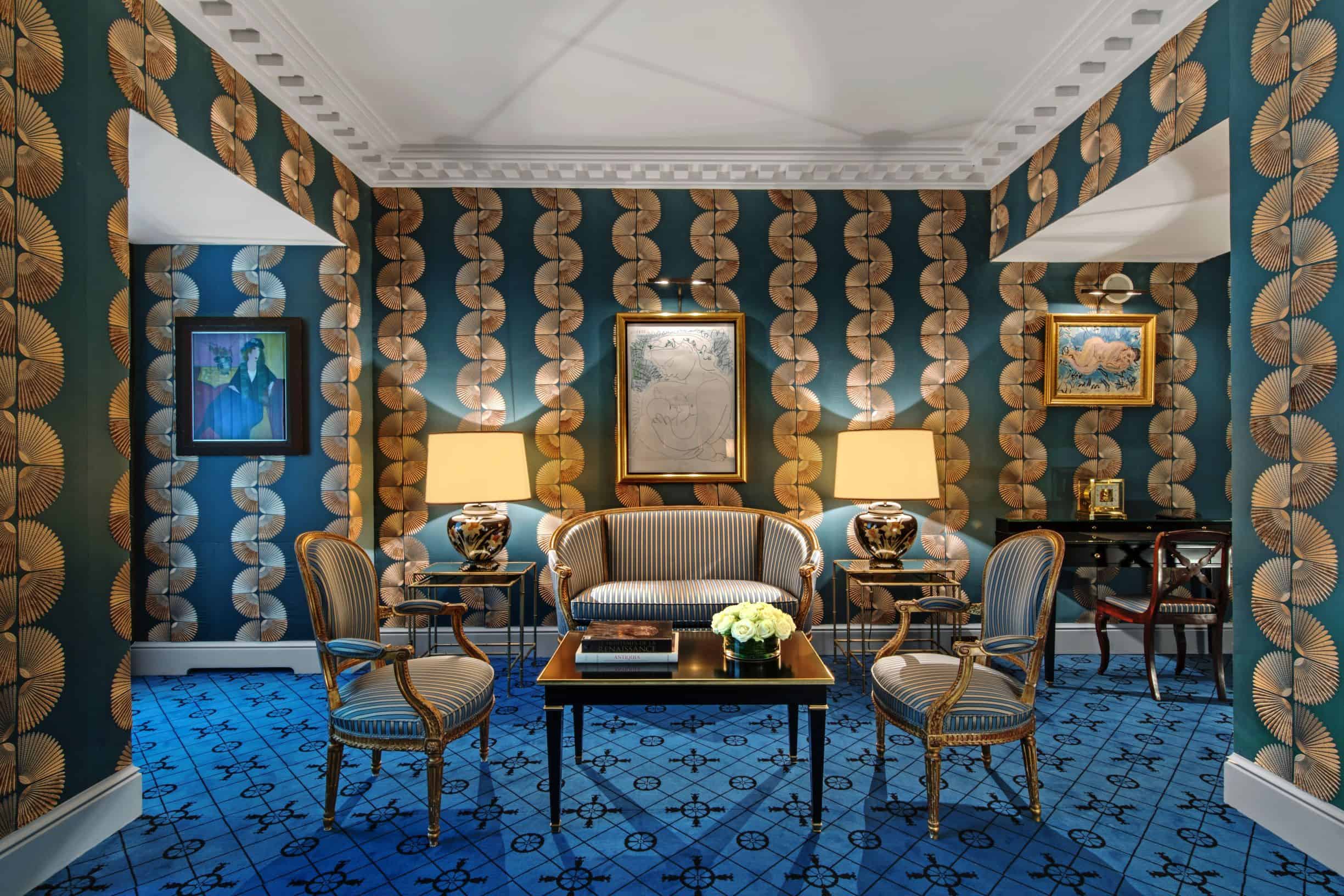 royal blue and gold themed living area